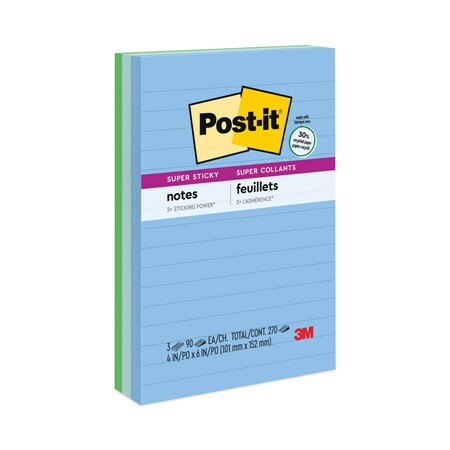 Post-It Note, 4"X6", Super Stiky, Assortd, PK3 660-3SST